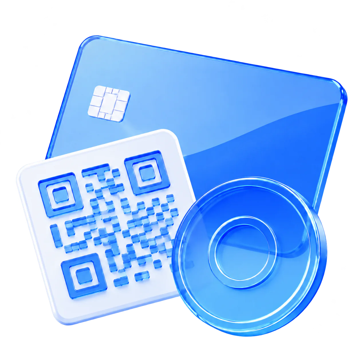 Синяя банковская карта, белая плашка с QR-кодом и стеклянная монета